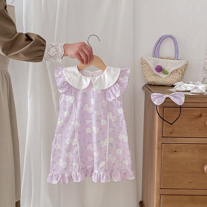 Arrival Summer Girls Flowers Pattern Fly Sleeves Peter Pan Collar Onesies And Dress – Sister Matching Clothing Set