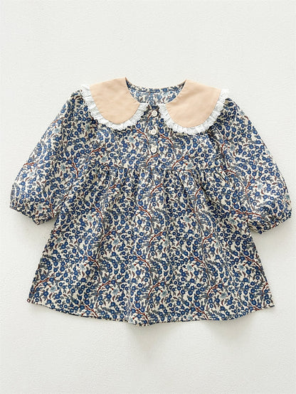Spring and Autumn Vintage Floral Print Long-sleeved Dress with Lace Collar for Stylish Girls