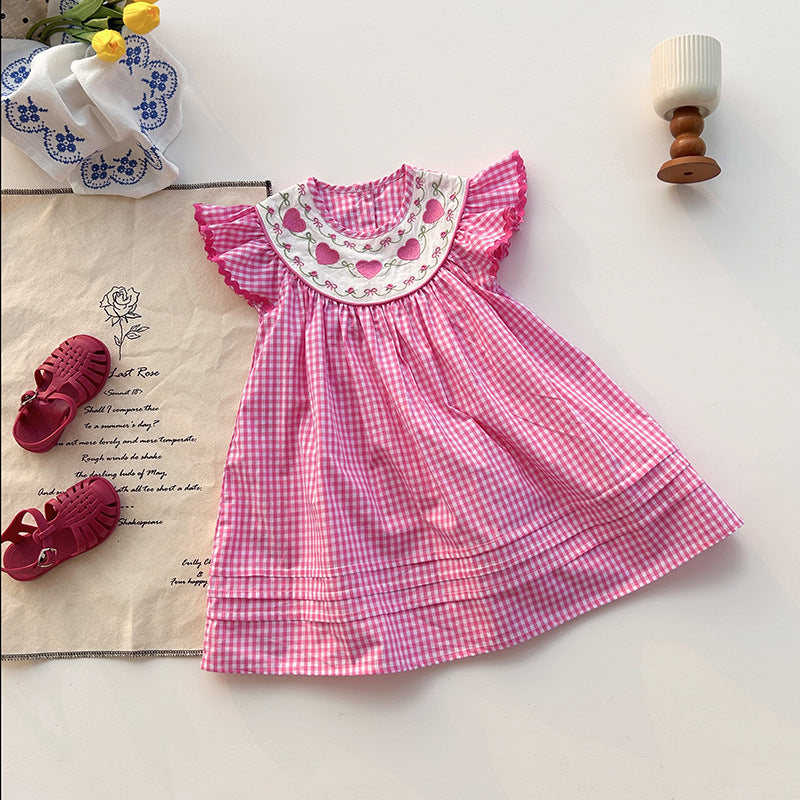 Summer Baby Kids Girls Fly Sleeves Heart Pattern Embroidered Dress