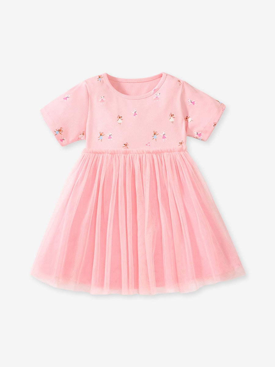 Spring And Summer Baby Girls Short Sleeves Mouse Dancers Cartoon Pattern Chiffon Dress