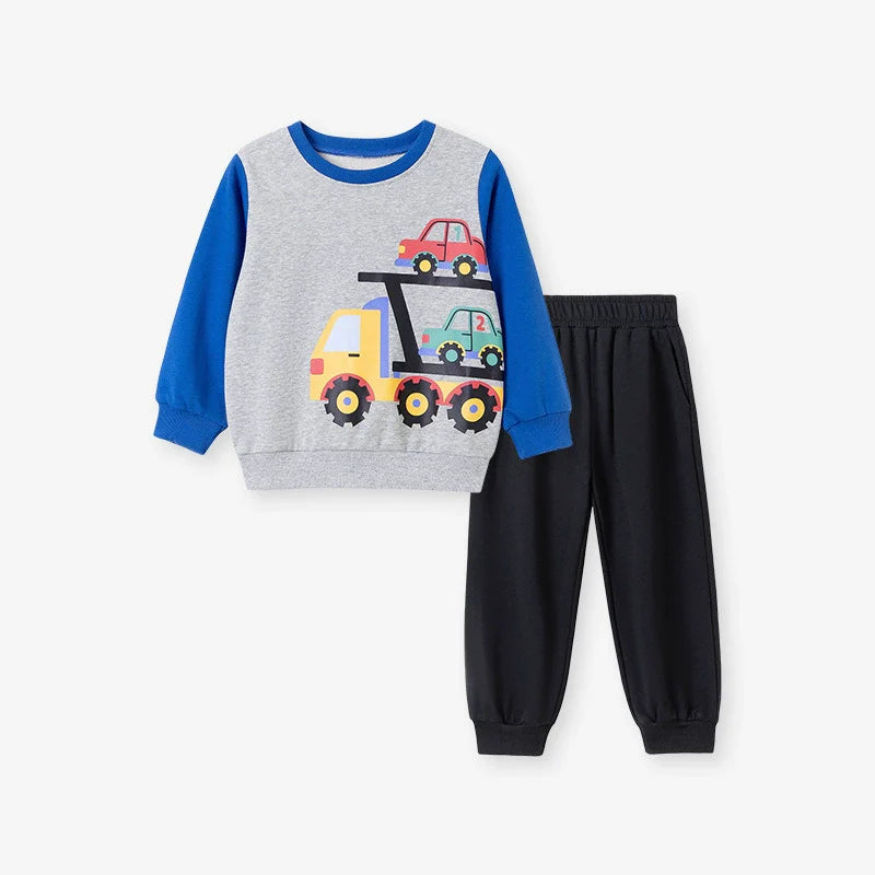 Spring and Autumn Boys Cars Cartoon Pattern Long Sleeves Color Patchwork Sweatshirt and Pants Clothing Set