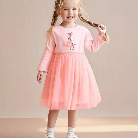 Autumn Arrival Cartoon Rabbit and Princess Pattern Long Sleeves Crew Neck Dress for Stylish Girls