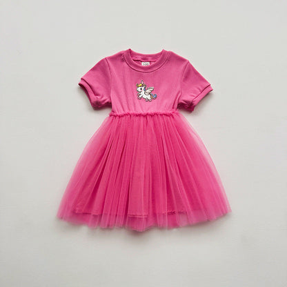 Summer Baby Kids Girls Short-Sleeved Cartoon Unicorn Pattern Mesh Patchwork Dress