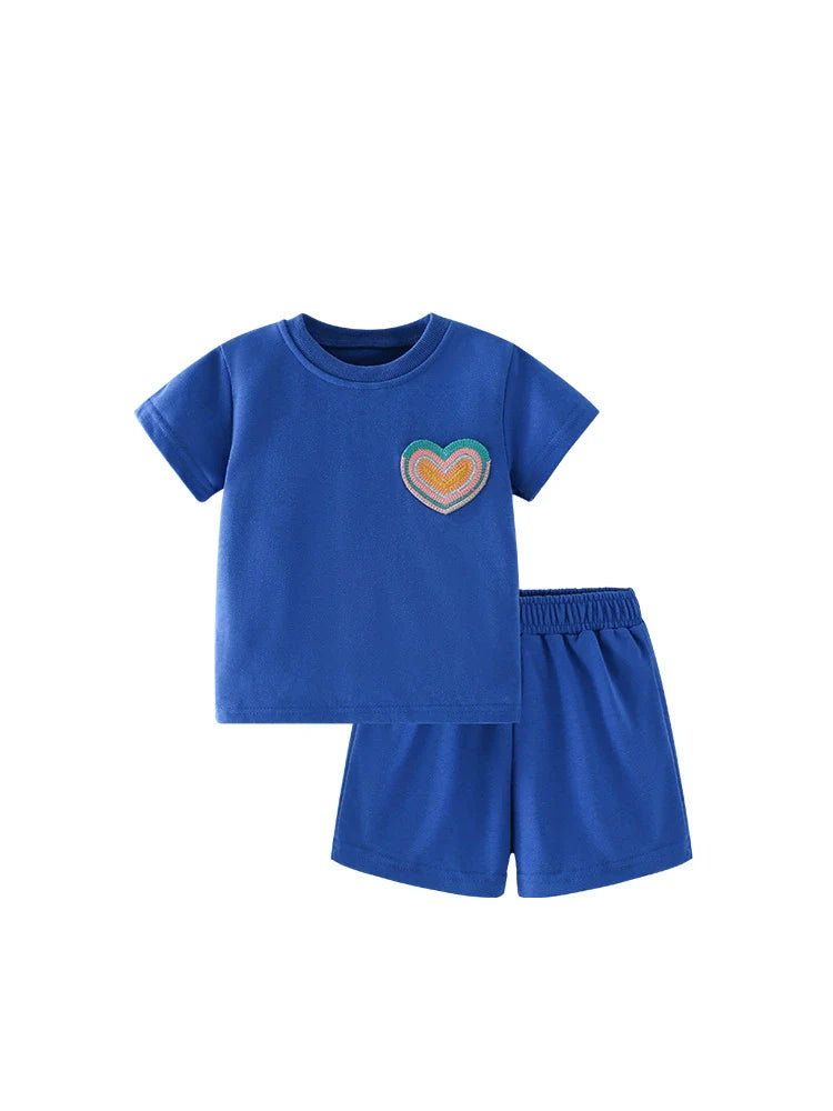 Summer Baby Kids Hearts Pattern T-shirt and Shorts Casual Blue Clothing Set for Boys and Girls