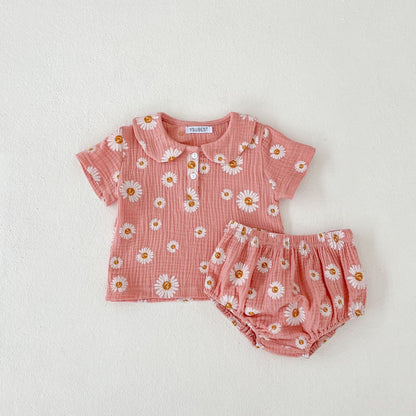 ummer Hot Selling Baby Girls Short Sleeves Flowers Pattern Top Peter Pan Collar Shirt And Bloomers Pajamas Clothing Set