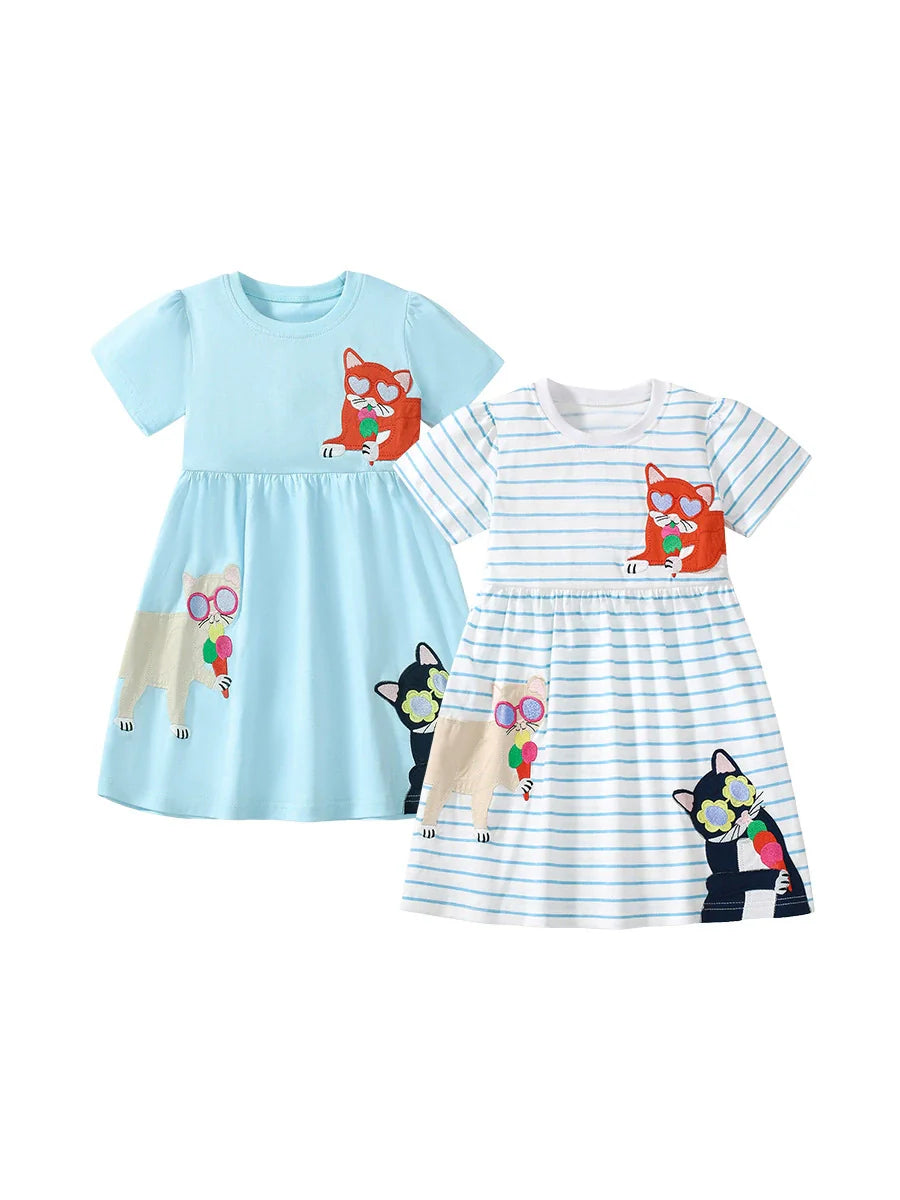 Summer Pure Cotton Animals Cartoon Pattern Short Sleeves Dress for Stylish Girls