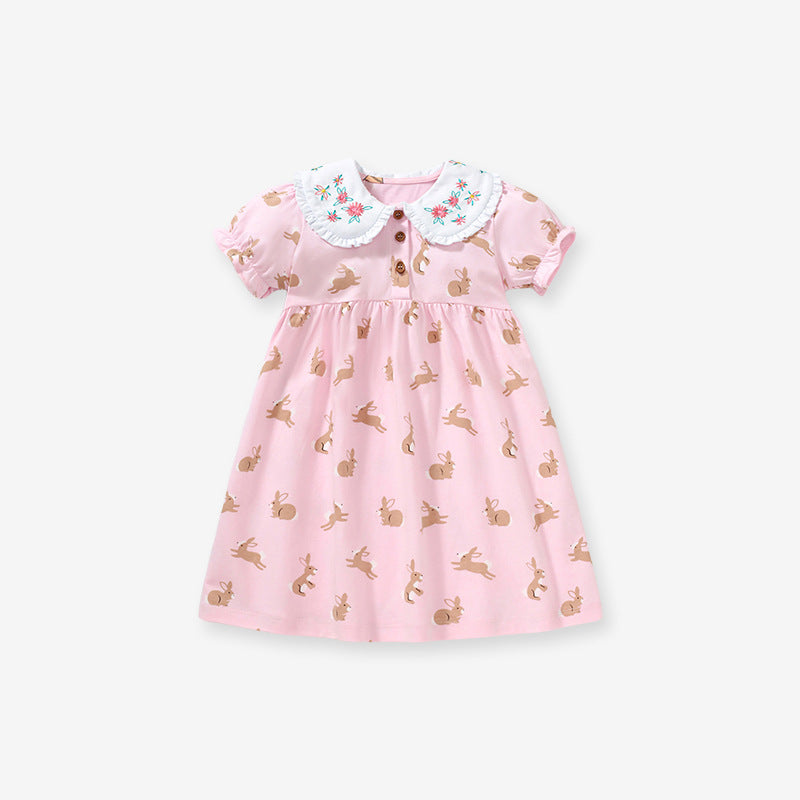 Baby Girls Peter Pan Floral Collar Short Sleeves Rabbits Pattern Dress