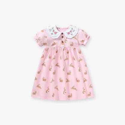 Baby Girls Peter Pan Floral Collar Short Sleeves Rabbits Pattern Dress
