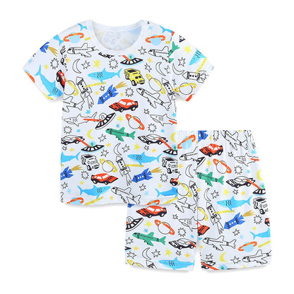 Summer Baby Kids Animals and Cars Cartoon Pattern T-shirt and Shorts Casual Clothing Set for Boys