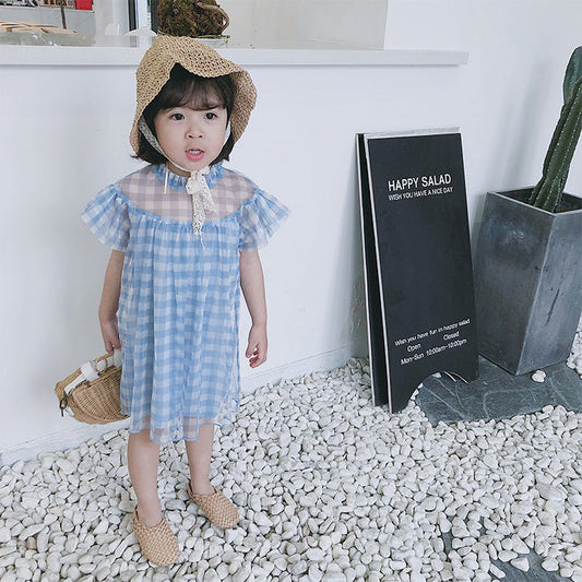Design Summer Baby Kids Girls Light Plaid Pattern Short Sleeves Mesh Dress