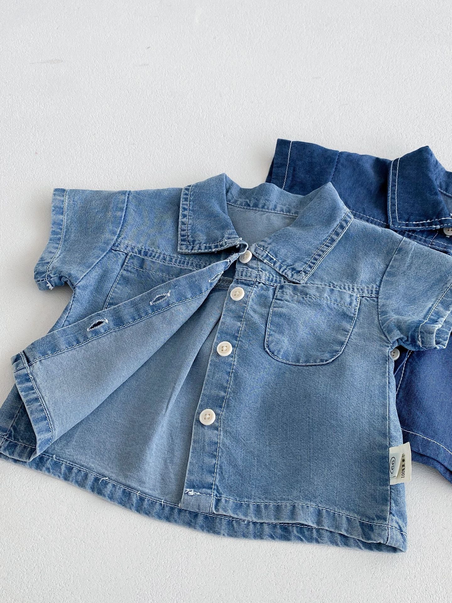 Summer Hot Selling Baby Kids Boys Short Sleeves Denim Single Breasted Top and Shorts Clothing Set