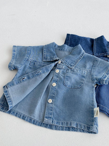 Summer Hot Selling Baby Kids Boys Short Sleeves Denim Single Breasted Top and Shorts Clothing Set