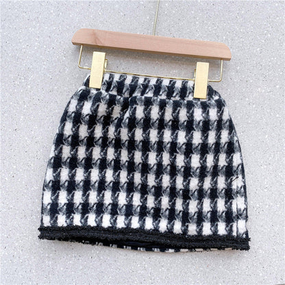 Girls Houndstooth Pattern Single Breasted Cardigan&Skirt Elegant Style Sets