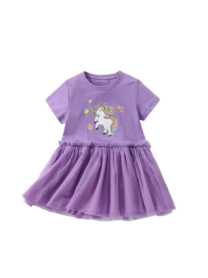 Summer Arrival Horse Cartoon Pattern Short Sleeves Tulle Design Cute Dress for Stylish Girls