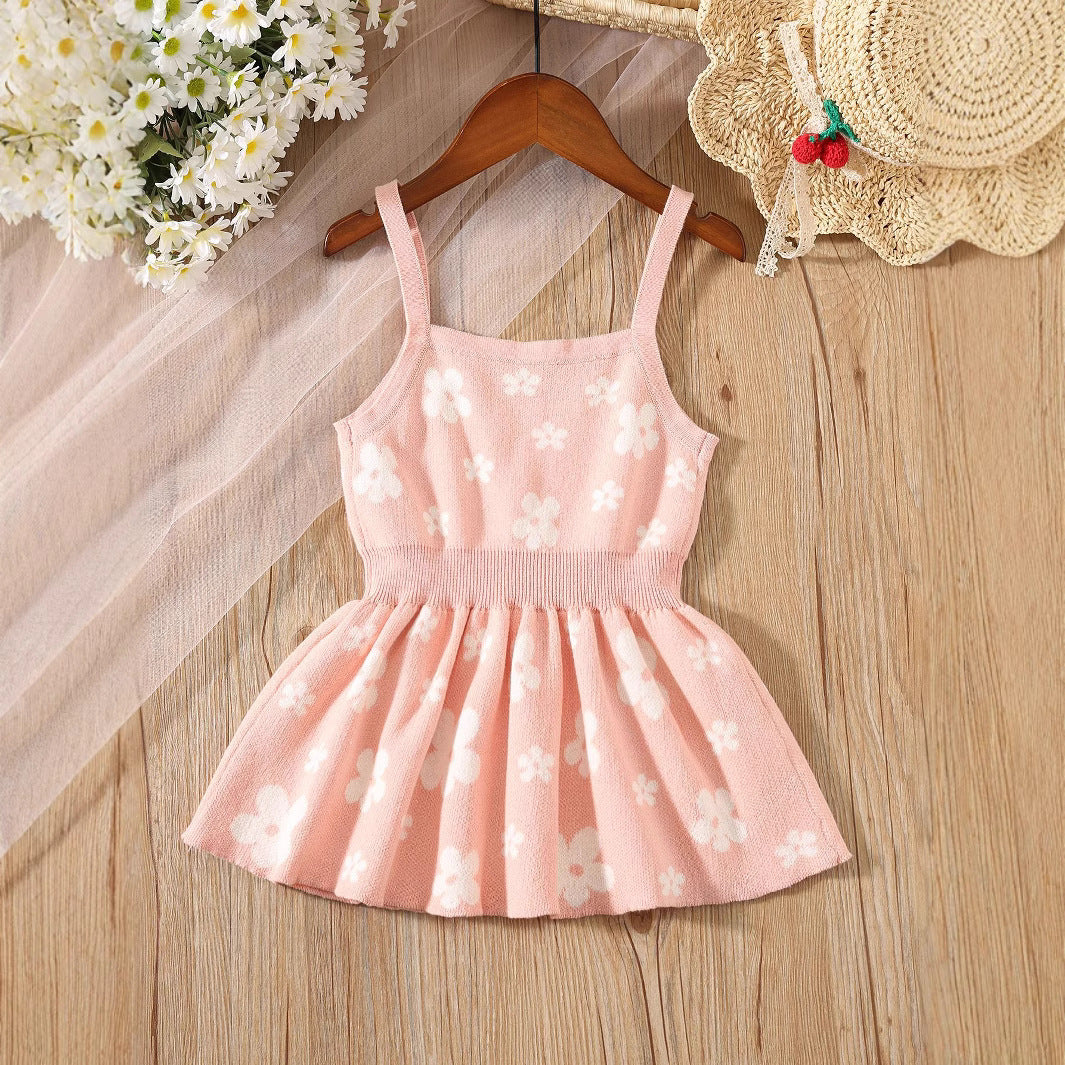 Summer Baby Kids Girls Sleeveless Floral Pattern Knitted Strap Dress