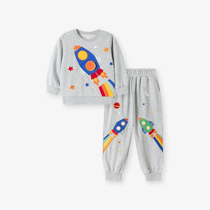 Spring and Autumn Boys Rockets and Stars Pattern Long Sleeves Top Sweatshirt and Pants Clothing Set