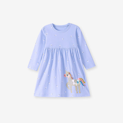 Autumn Arrival Cartoon Horse and Flowers Pattern Long Sleeves Crew Neck Dress for Stylish Girls