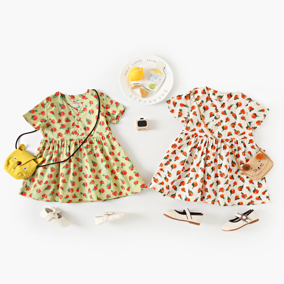 Summer Arrival Baby Girls Elegant Floral Pattern Short Sleeves V Neck Dress