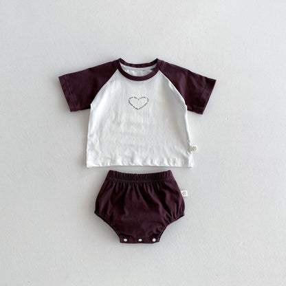 Summer Hot Selling Baby Kids Girls Short Sleeves Heart Pattern T-shirt and Bloomers Clothing Set