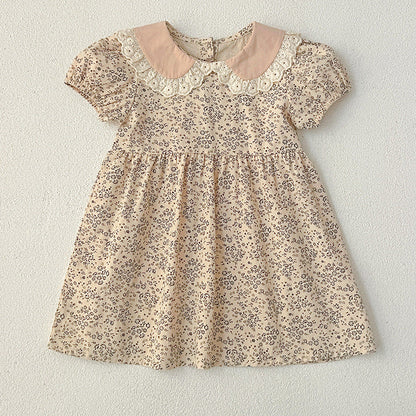 Design Summer Baby Kids Girls Floral Pattern Short Sleeves Peter Pan Collar Onesies And Girls’ Dress – Princess Sister Matching Set