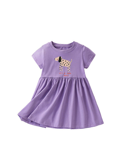 Summer Arrival Animals Cartoon Pattern Short Sleeves Dress for Stylish Girls