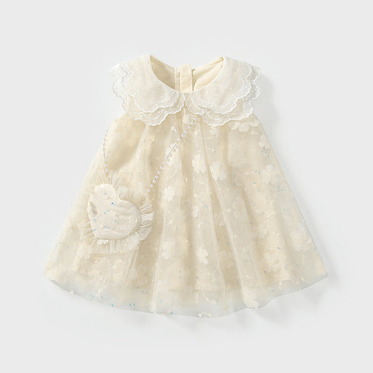 Summer Arrival Baby Girls Cute Floral Pattern Tulle Sleeveless Dress with Collar