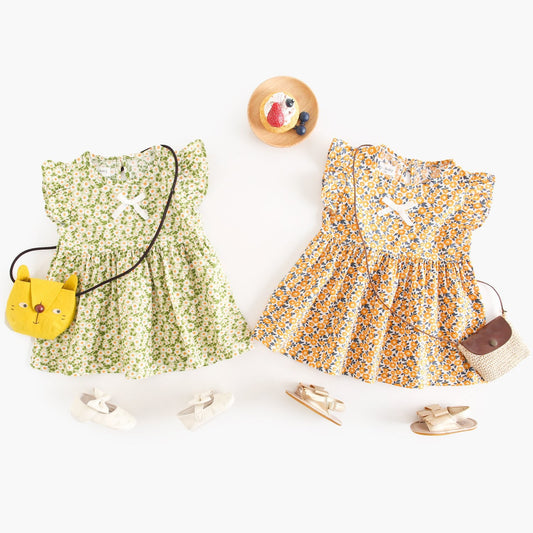 Summer Arrival Baby Girls Casual Floral Print Fly Sleeves Crew Neck Dress
