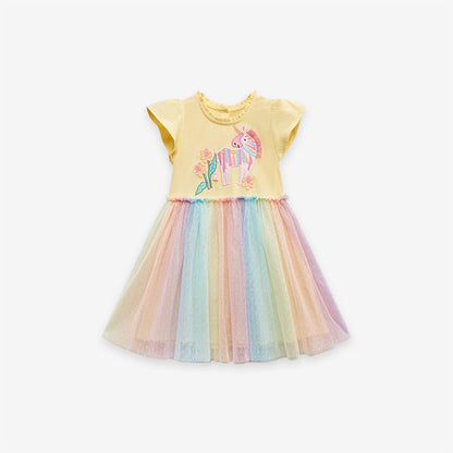 Arrival Summer Girls Unicorn Pattern Crew Neck Short Sleeves Tulle Patchwork Princess Dress