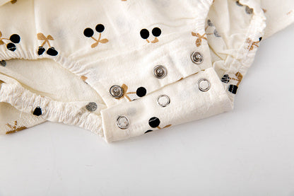 Baby Girls Cherry Print Doll Collar Design Neck Buttoned Puff-Sleeved Dress Onesies
