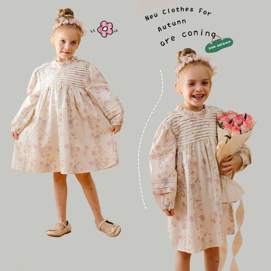 Hot Selling French Style Autumn Girls Flowers Print Ruffle Neck Long Sleeves Pleated Dress