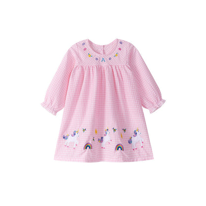 Autumn and Spring Arrival Cartoon Pattern Long Sleeves Plaid Dress for Stylish Girls