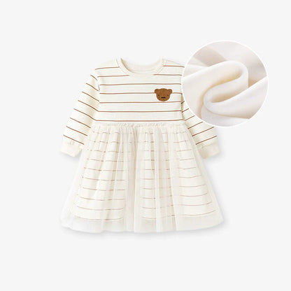 Autumn and Winter Warm Arrival Teddy Cartoon and Striped Pattern Long Sleeves Crew Neck Dress for Stylish Girls