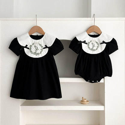 Summer Baby Girls French-style Wreath Embroidery Pattern Short-sleeved Onesies and Dress – Princess Sister Matching