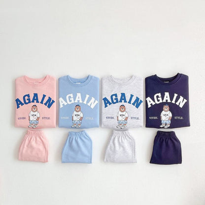 Summer Baby Kids Unisex Casual Letters and Teddy Bear Pattern Short Sleeves Top T-shirt and Shorts Clothing Set
