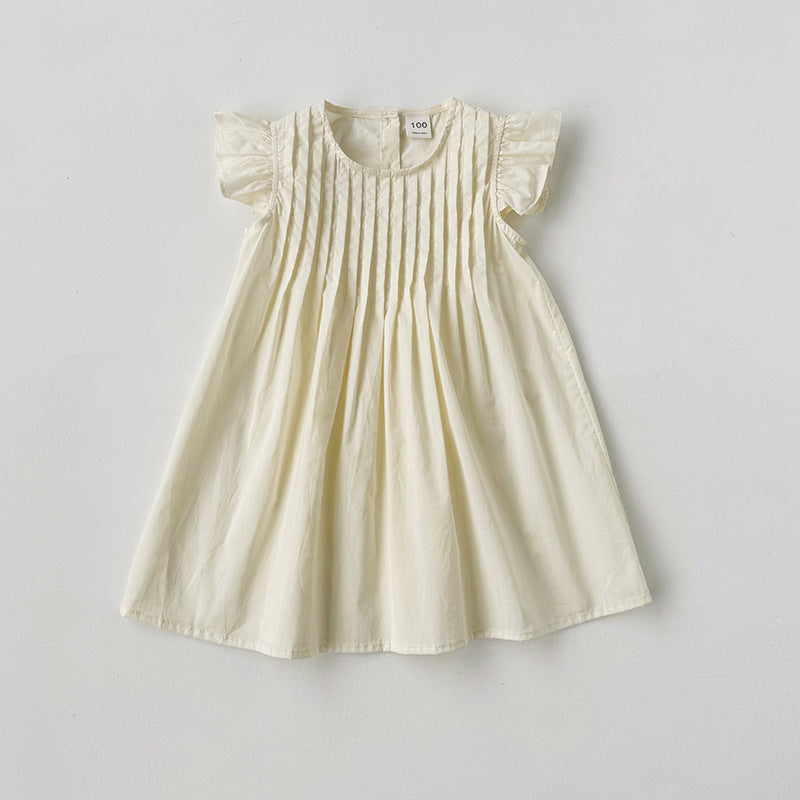 Summer Arrival Kids Girls Fly Sleeves Solid Color Pleated Dress