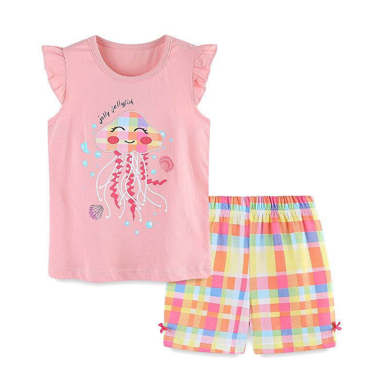 Summer Baby Kids Cartoon Jellyfish Pattern Vest and Plaid Shorts Clothing Set for Girls