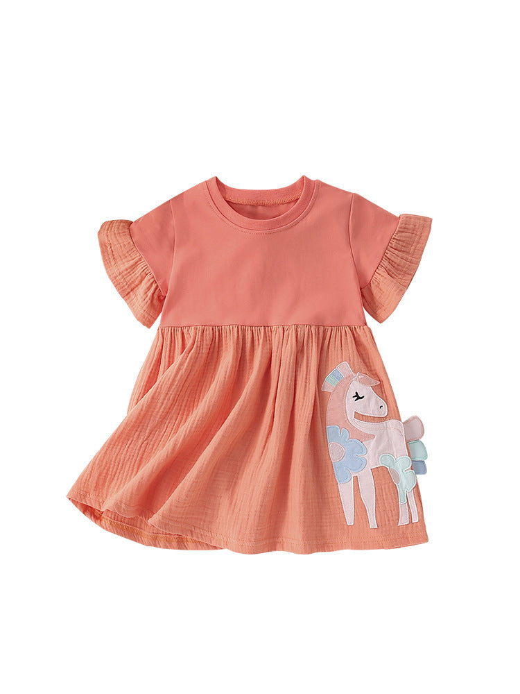 Summer Arrival Cartoon Horse Pattern Short Sleeves Dress for Stylish Girls