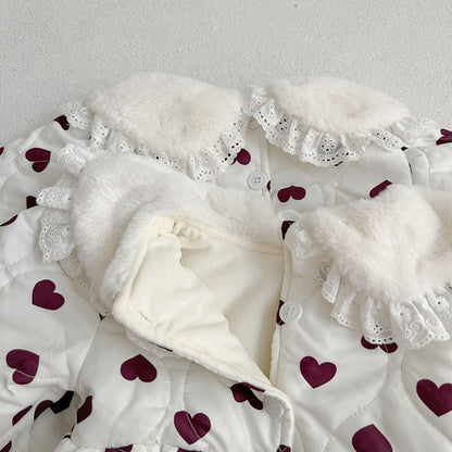 Red Heart Pattern Peter Pan Lace Collar Long Sleeve Fashion Princess Onesies&Dress