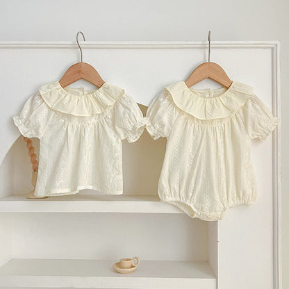 Summer Baby Girls Short Sleeves Floral Pattern Jacquard Dress And Onesie – Princess Sister Matching Set