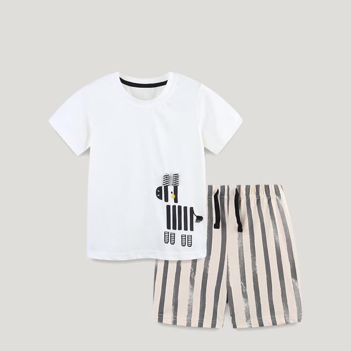Summer Baby Kids Animals Cartoon Pattern T-shirt and Striped Shorts Clothing Set for Boys