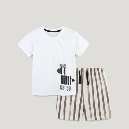 Summer Baby Kids Animals Cartoon Pattern T-shirt and Striped Shorts Clothing Set for Boys