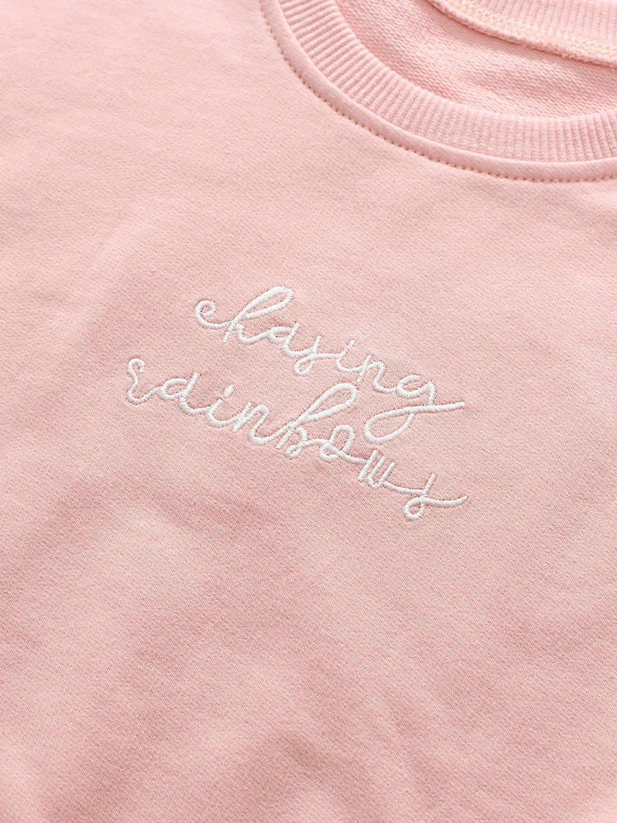 Spring Baby Kids Girls Letters Embroidery Long Sleeves Pullover And Solid Flared Pants Clothing Set