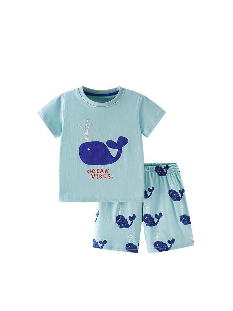 Summer Baby Kids Whales Cartoon Pattern T-shirt and Shorts Clothing Set for Boys