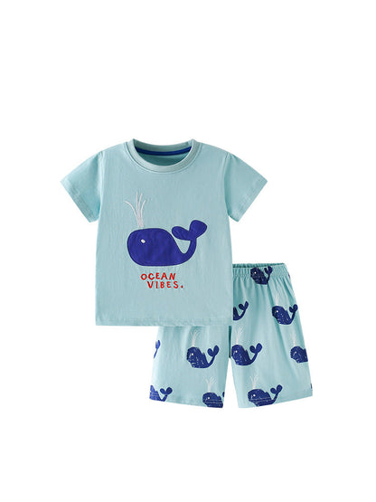 Summer Baby Kids Whales Cartoon Pattern T-shirt and Shorts Clothing Set for Boys