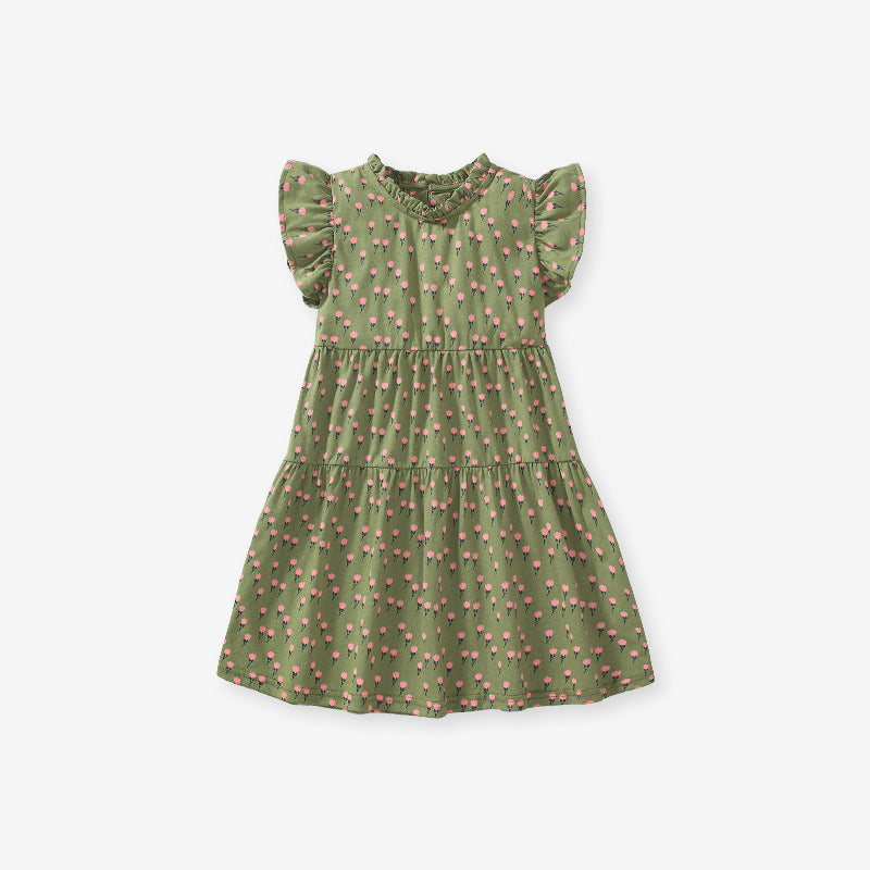 Baby Girls Flowers Print Army Green Sleeveless Dress