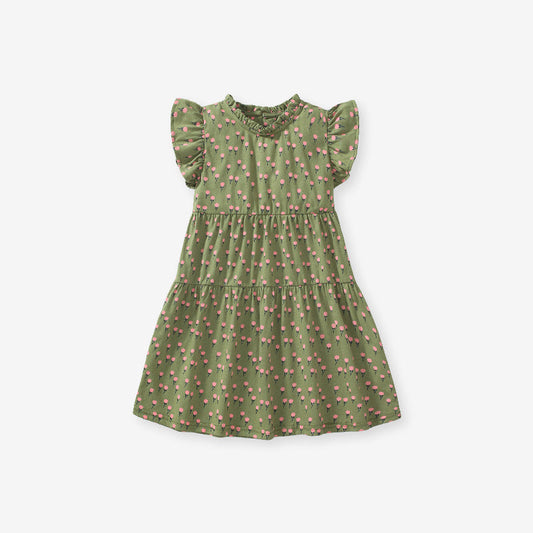 Baby Girls Flowers Print Army Green Sleeveless Dress