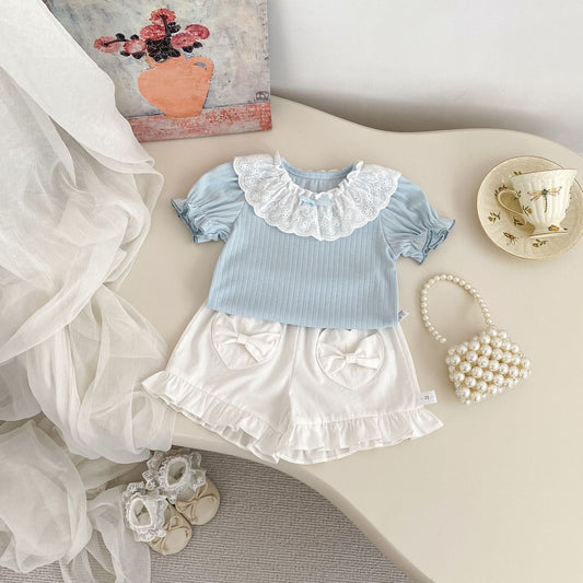 Summer Baby Kids Color Patchwork Short Sleeves Top and Heart Pattern Shorts Clothing Set for Girls