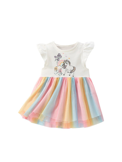 Summer Arrival Animals and Flowers Cartoon Pattern Fly Sleeves Tulle Patchwork Dress for Stylish Girls
