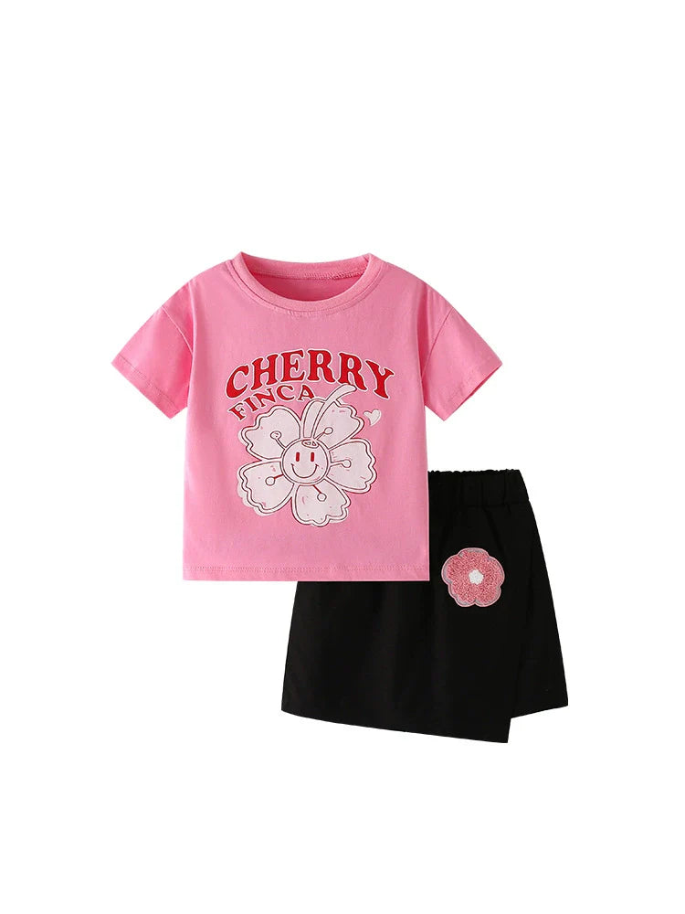 Summer Baby Kids Flowers and Letters Pattern T-shirt and Skirt Clothing Set for Girls
