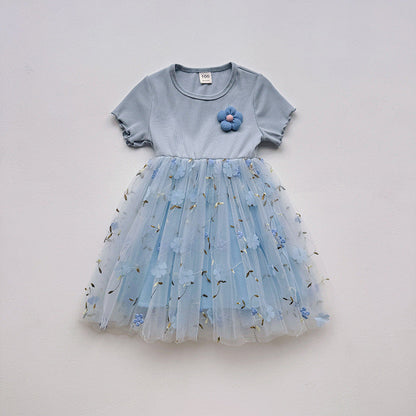 Summer Baby Kids Girls Short-Sleeved 3D Flowers Pattern Mesh Design Patchwork Dress